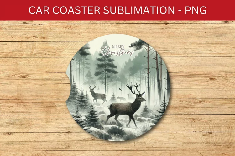 rounded car coaster - deer in the forest