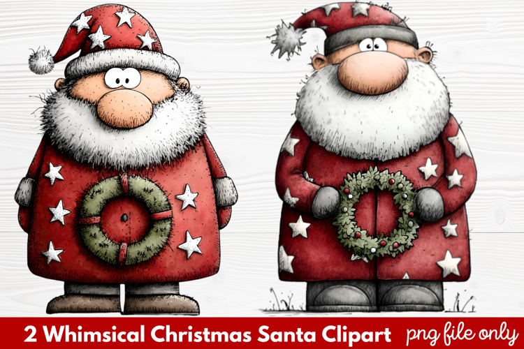 2 Whimsical Christmas Santa Clipart | Cute Santa PNG