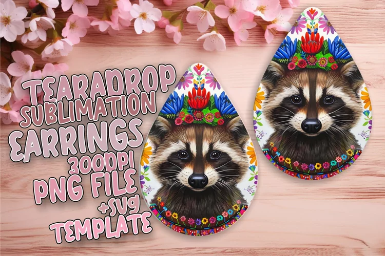Sublimation Teardrop Earrings: Bright Raccoon with Flowers