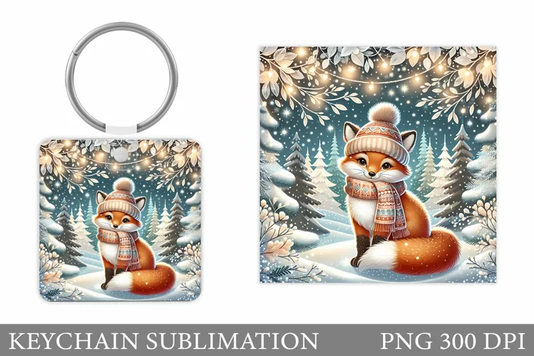 Christmas Fox Keychain. Christmas Keychain Sublimation