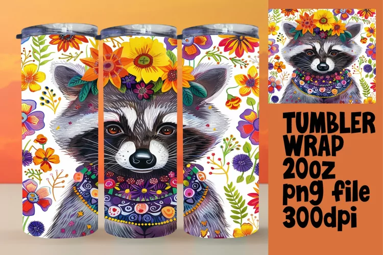 Raccoon & Flower Design Tumbler Wrap 20oz Sublimation