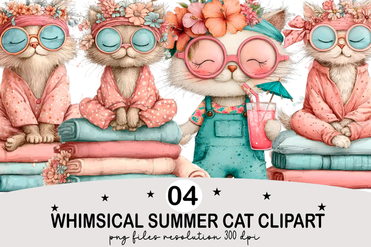 Whimsical Summer Cat Clipart Watercolor png