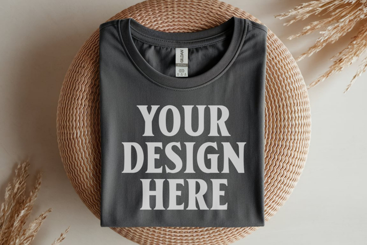 Gildan 64000 Charcoal Folded T-Shirt Mockup | Flat Lay Unise