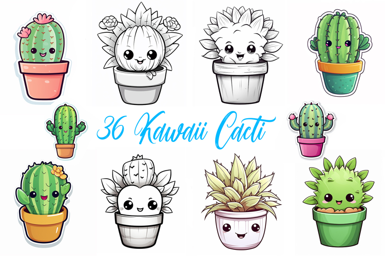 36 Kawaii Cactus Sticker Colour Book Illustration Cartoon