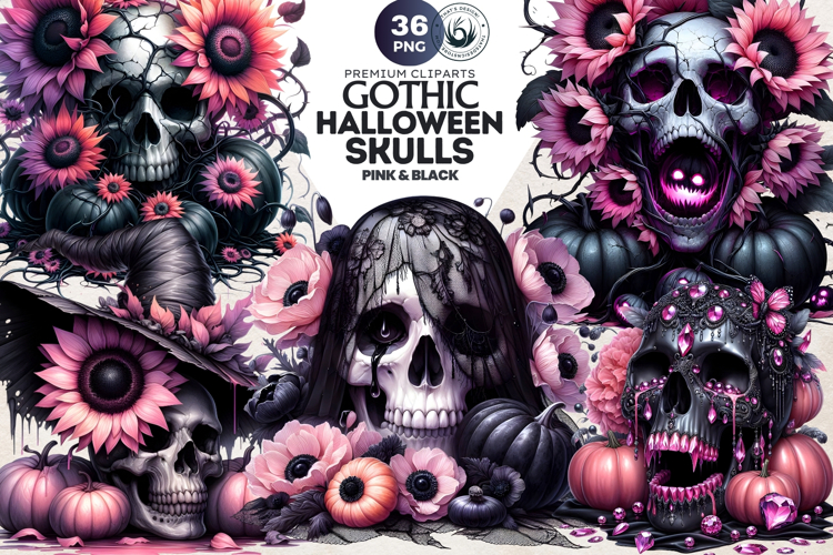 Pink and Black Gothic Halloween Skulls Clipart Set