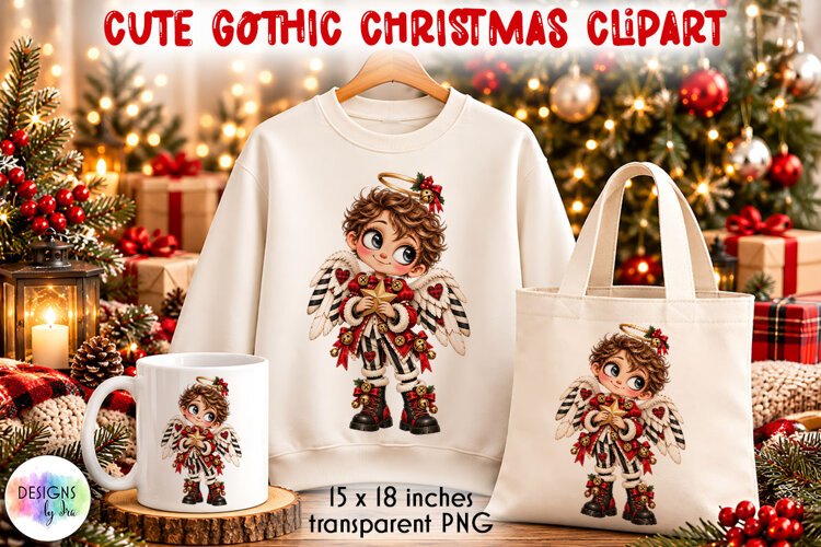 Gothic Christmas Angel Boy with Star PNG example image 1