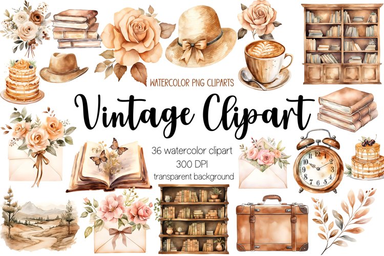 36 Vintage Watercolor Clipart Bundle, Transparent PNG