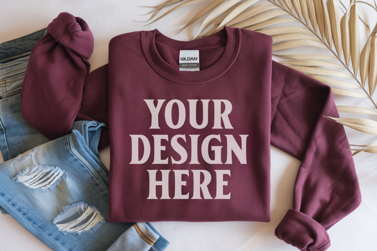 Maroon Gildan 18000 Folded Flat Lay Mockups