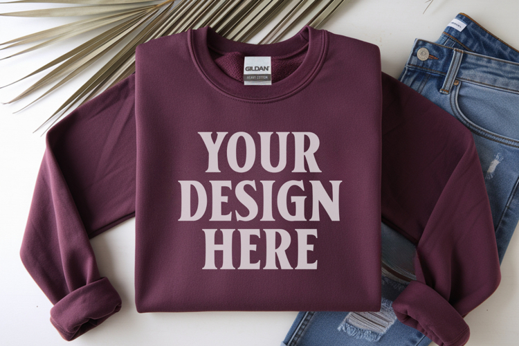 Maroon Gildan 18000 Folded Flat Lay Mockups