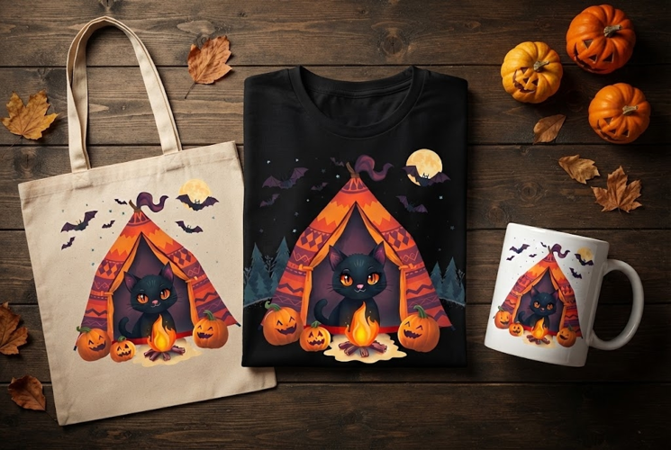 Black Cat Camping Halloween Design with Tent and Campfire