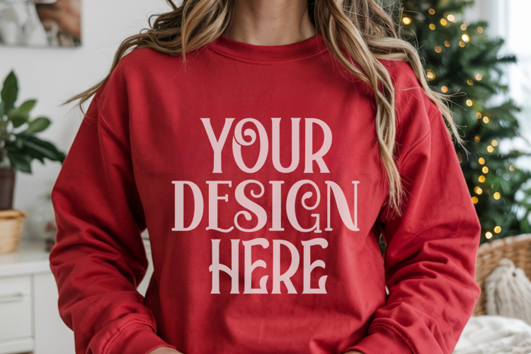 Christmas Gildan 18000 Red Crewneck Sweatshirt Mockup