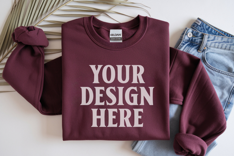 Maroon Gildan 18000 Folded Flat Lay Mockups