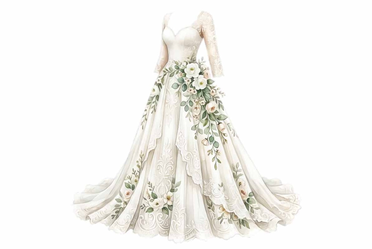 Watercolor white wedding dress bridal clipart