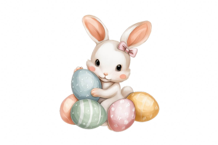 Cute Easter Bunny & Eggs PNG