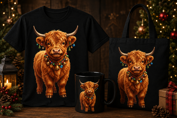 Highland Cow Christmas Bells PNG Cute Holiday Winter Clipart
