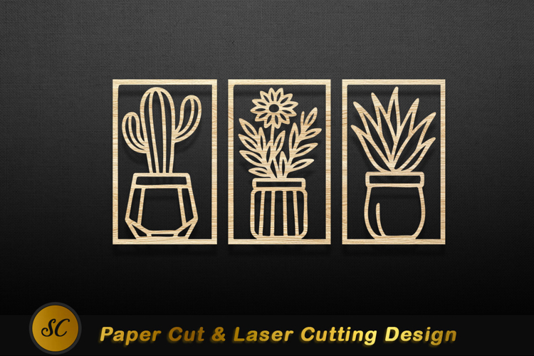 Potted plants wood cutout art cactus flower Laser cut