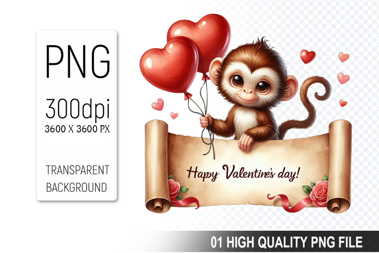 Cute Monkey Clipart PNG, Valentines Day Animal PNG File