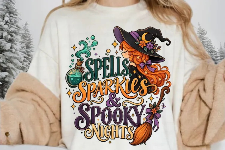 Spells Sparkles Spooky Nights PNG, Cute Witch Halloween