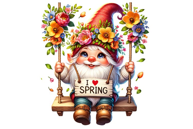 Cute Gnome Swinging Spring Clipart, Spring Sublimation PNG