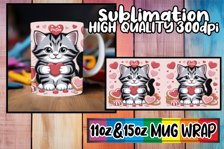 Happy hearts sublimation mug wrap, Valentines Cat