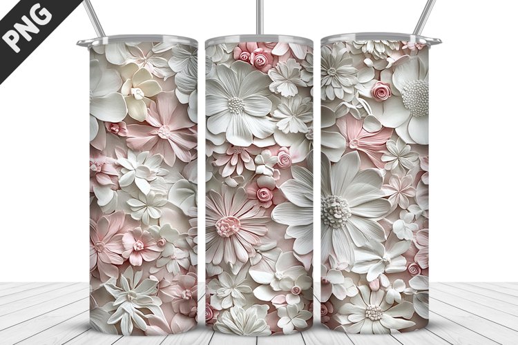 3D White Flowers Tumbler Wrap | Sublimation Design | Tumbler
