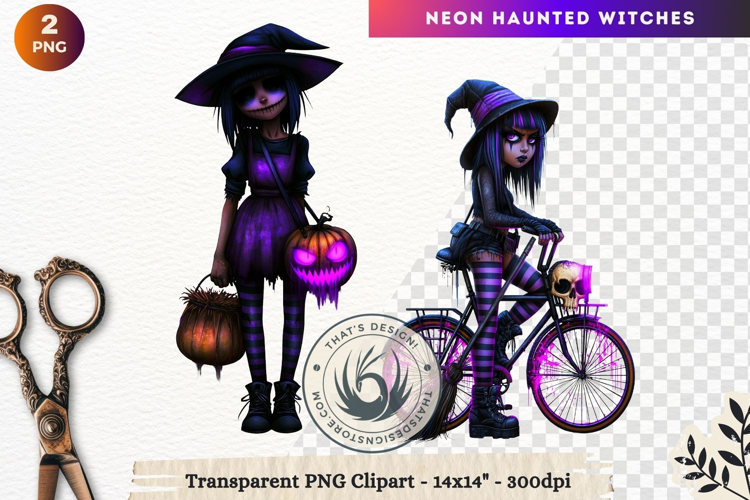 Neon Haunted Witches Clipart, Spooky Kawaii Halloween PNG