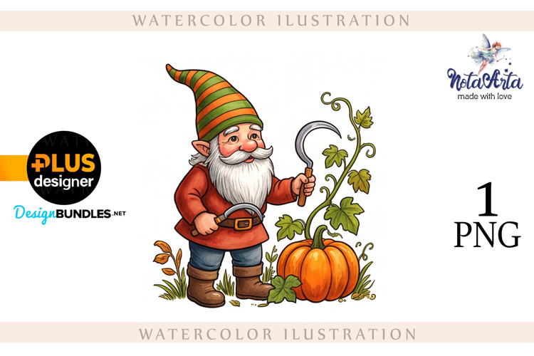 Gnomes with Pumpkin Harvest in Watercolor Style