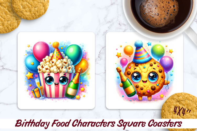 Birthday Food Square Coaster PNG 4x4, Sublimation Design.