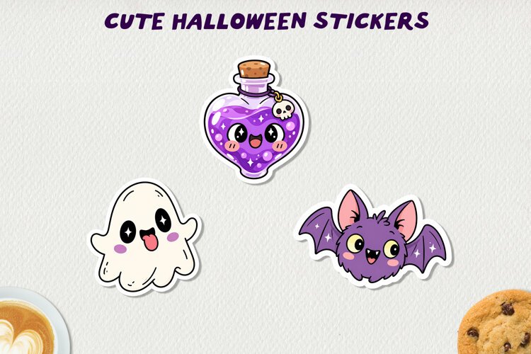Cute Halloween Printable Stickers, Kawaii Spooky PNG. example image 1