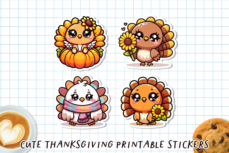 Cute Kawaii Thanksgiving Stickers | Fall Sticker Sheet PNG example image 1