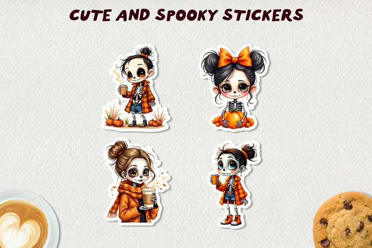 Spooky Skeleton Girls Stickers Halloween Clipart Kawaii Fall