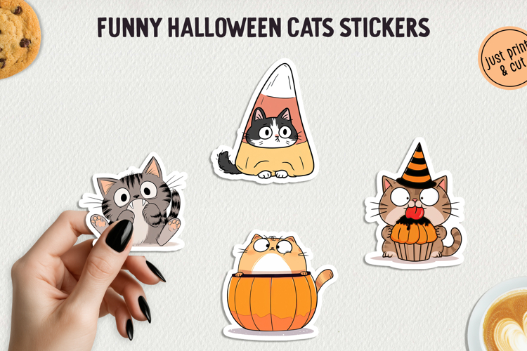 Funny Halloween Cat Sticker PNG Printable Stickers.