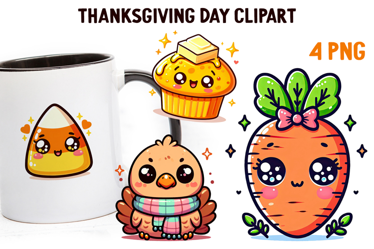 Cute Kawaii Thanksgiving Clipart | Fall Pumpkin Turkey PNG
