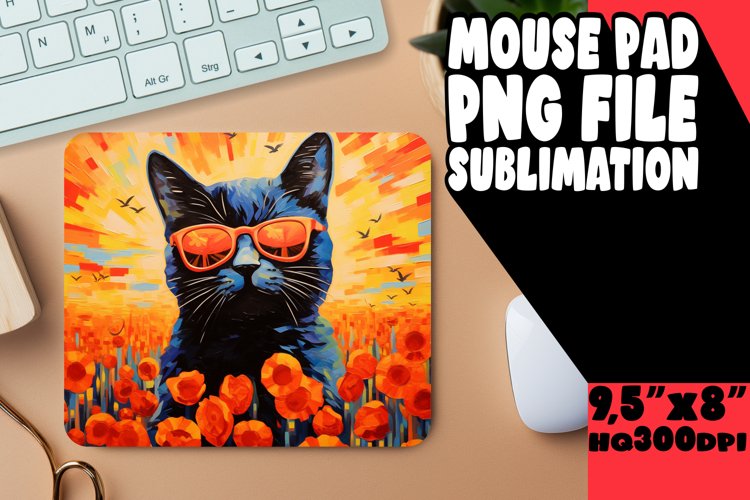 Colorful Cat with Flowers Mouse Pad Design PNG