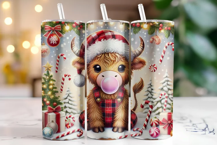Christmas Highland Cow Tumbler Wrap | Sublimation | Tumblers