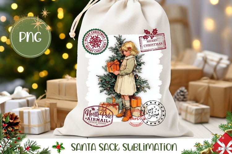 Vintage Christmas Presents Santa Sack, Winter Gift Bag Print