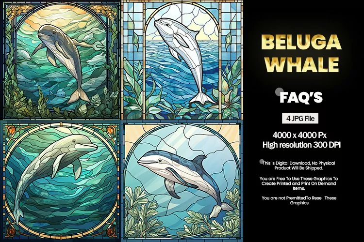 Beluga Whale Stained Glass Square Coaster - 04 Variations