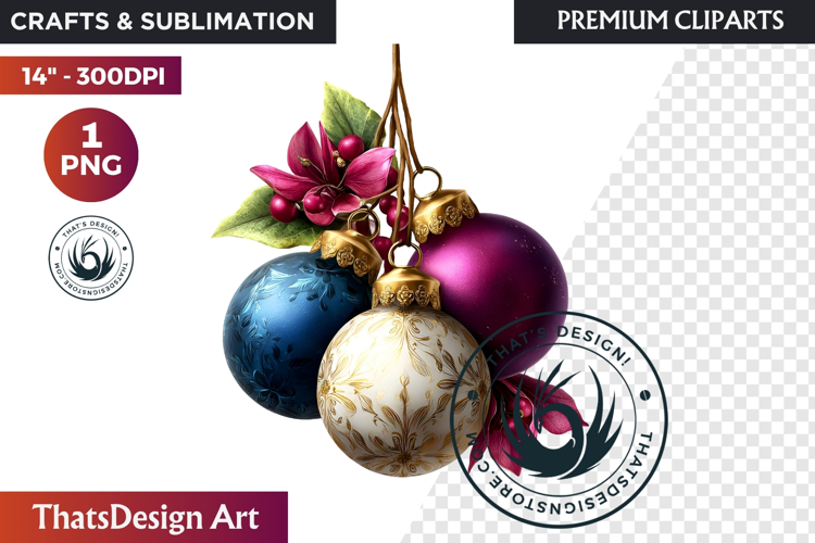 Christmas Baubles Clipart, Festive Holiday Ornaments PNG