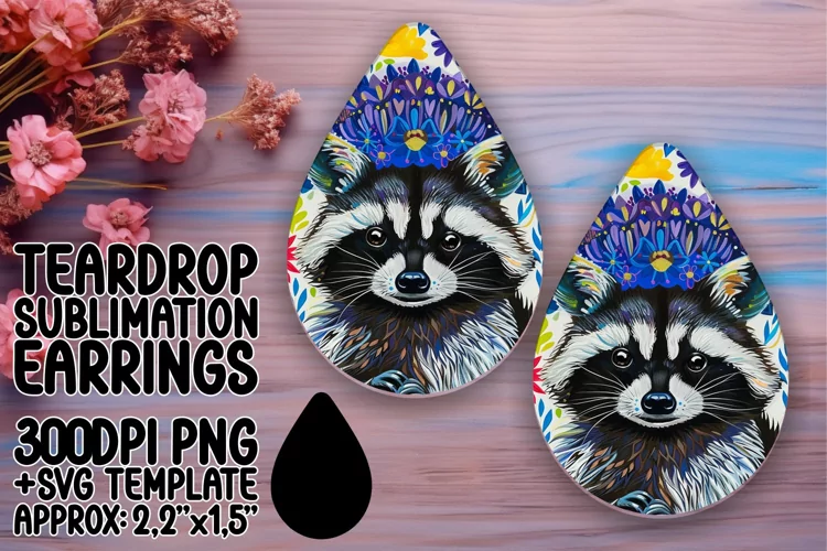 Raccoon & Flower Design Teardrop Earrings Sublimation