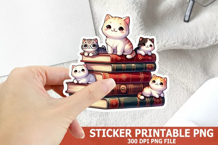 Cute Cat on A Stack of Books Sticker| Books Sticker