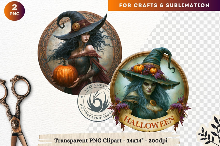 Dark Fantasy Halloween Witches Medallion Clipart sublimation