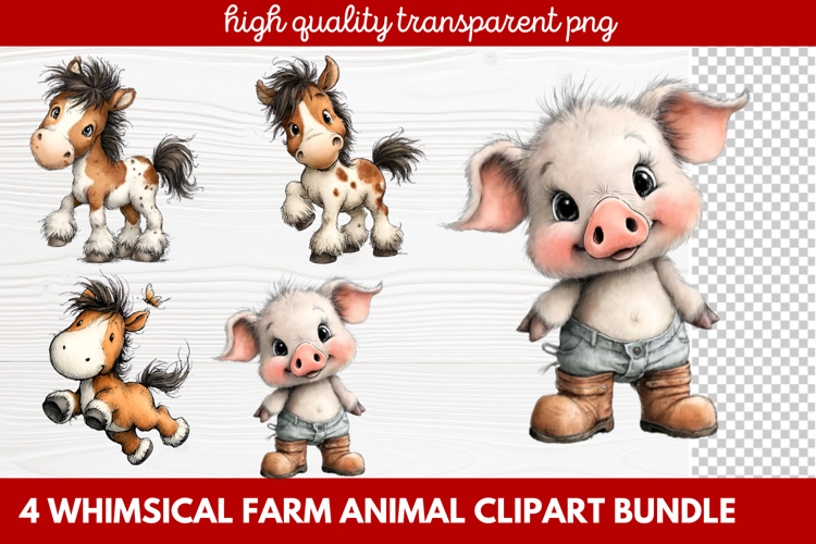 4 Whimsical Farm Animal Clipart | Cute Farm Animals PNG Set