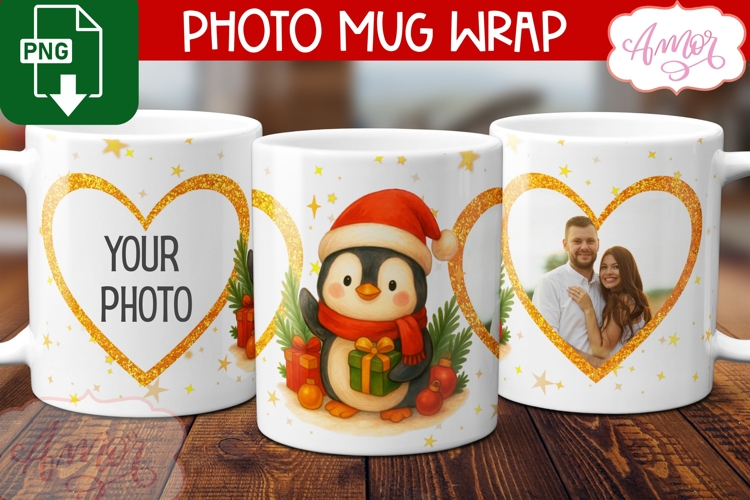 Christmas photo mug wrap PNG, Cute penguin mug template PNG