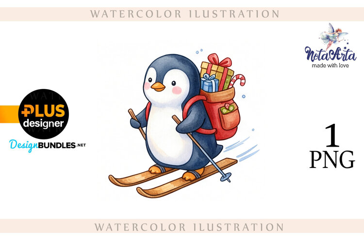 Christmas Penguins in Watercolor Style example image 1