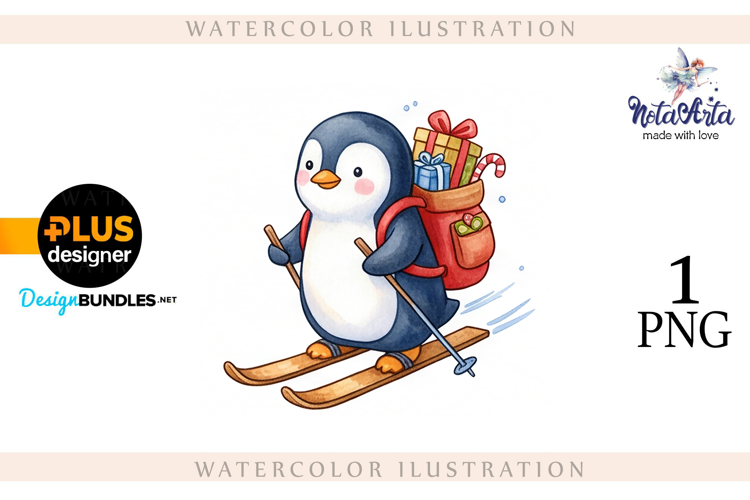 Christmas Penguins in Watercolor Style