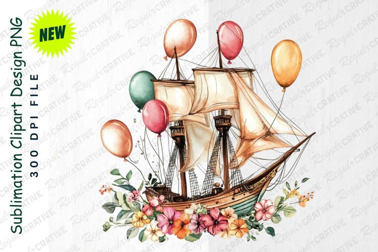 Watercolor Ship With Balloons And Flowers Clipart