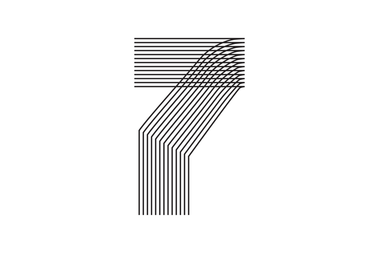 Number seven 7 linear in black thin striped lines isolated