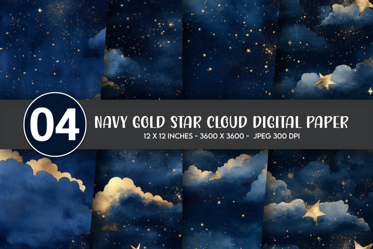 Navy Gold Star Cloud Digital Paper