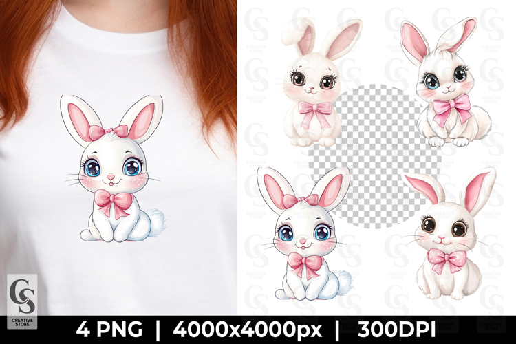 Cute Bunny with Bow Kawaii Rabbit Clipart Sublimation PNG