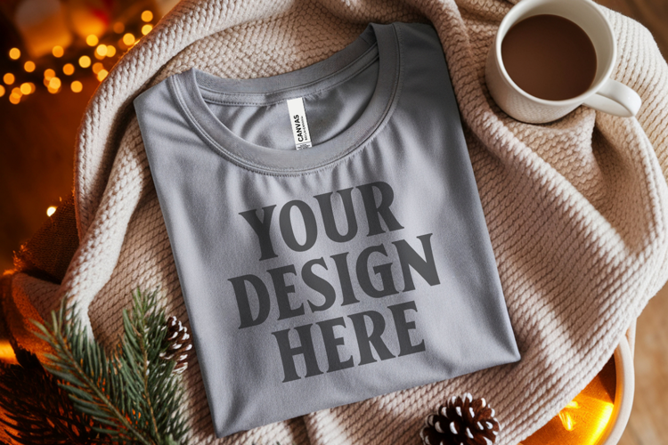 Christmas Bella Canvas 3001 Ash Folded Tshirt Mockup